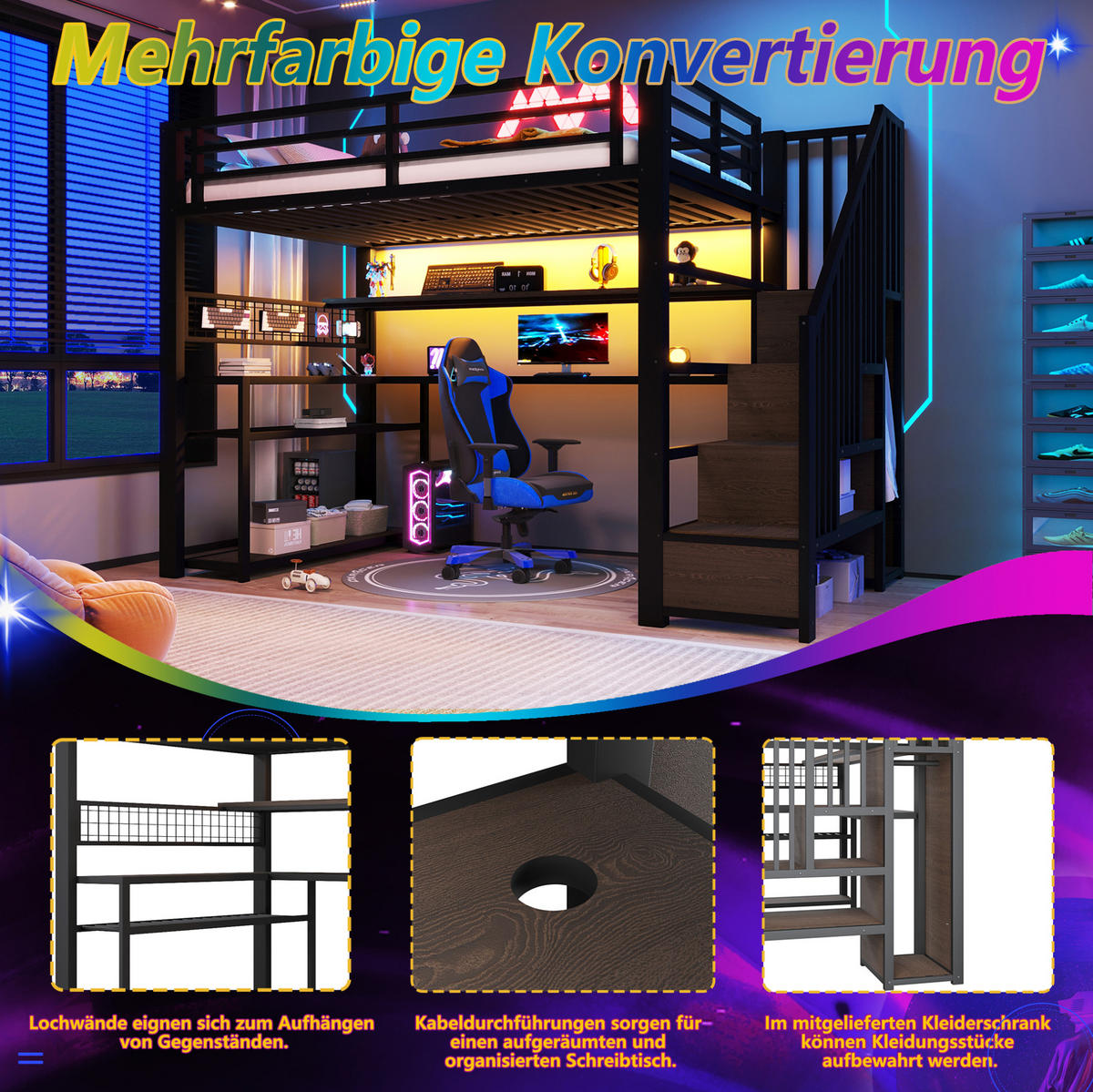 HOCHBETT 90/200 cm Schwarz mit LED, Schreibtisch und Stauraum - Schwarz, Metall (90/200cm) - MIVRAY
