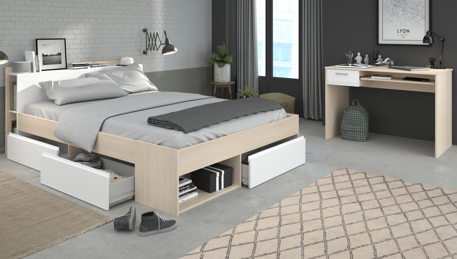 JUGENDZIMMER Set mit Stauraumbett 140 X 200 cm und Schreibtisch - Weiß/Akaziefarben, Holz/Holzwerkstoff (140/79/200cm) - Parisot Meuble