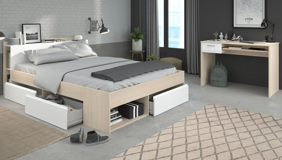 JUGENDZIMMER Set mit Stauraumbett 140 X 200 cm und Schreibtisch - Weiß/Akaziefarben, Holz/Holzwerkstoff (140/79/200cm) - Parisot Meuble
