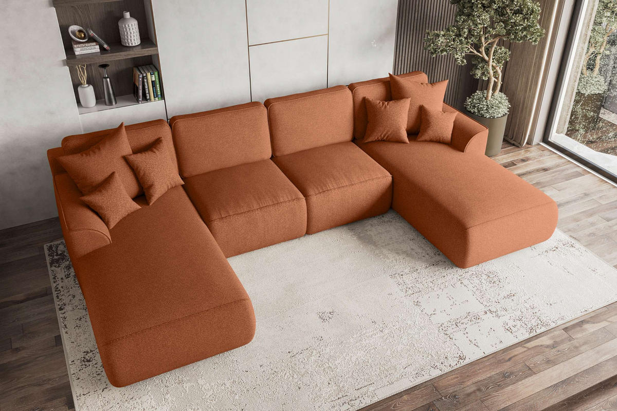 WOHNLANDSCHAFT GUSTO Strukturstoff Rostfarben inkl. Schlaffunktion - Chromfarben/Rostfarben, Kunststoff/Textil (306/96/194cm) - 99rooms