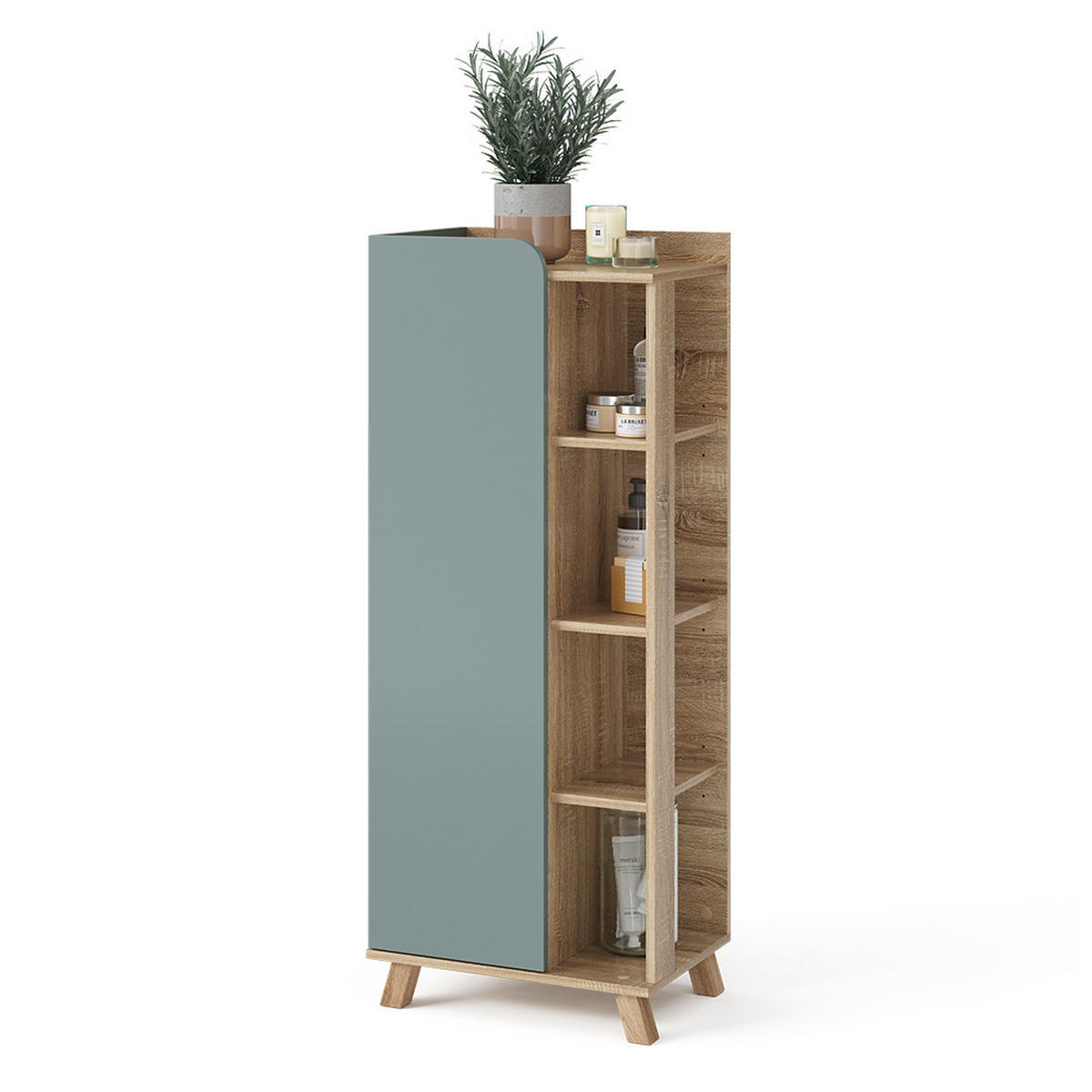 MIDISCHRANK Karen Blau-Grau 50 x 128 cm mit Tür und offenen Fächern - Dunkelblau/Sonoma Eiche, Holzwerkstoff (50/128/35cm) - Vicco