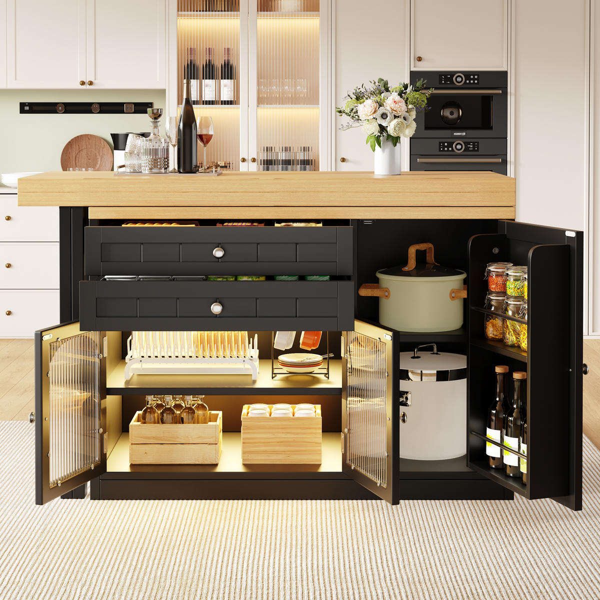 KÜCHENINSEL Ausziehbar 120 194cm 360° Drehbar Glastüren Schwarz - Schwarz, Metall (120/73.5/40cm) - FLIEKS