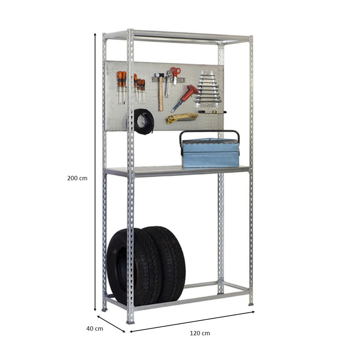 REIFENREGAL mit Arbeitsfläche Metal Shark NO.4 HxBxT 200 x 120 x 40 cm 6 Reifen Verzinkt - Silberfarben, Metall (120/200/40cm) - PROREGAL