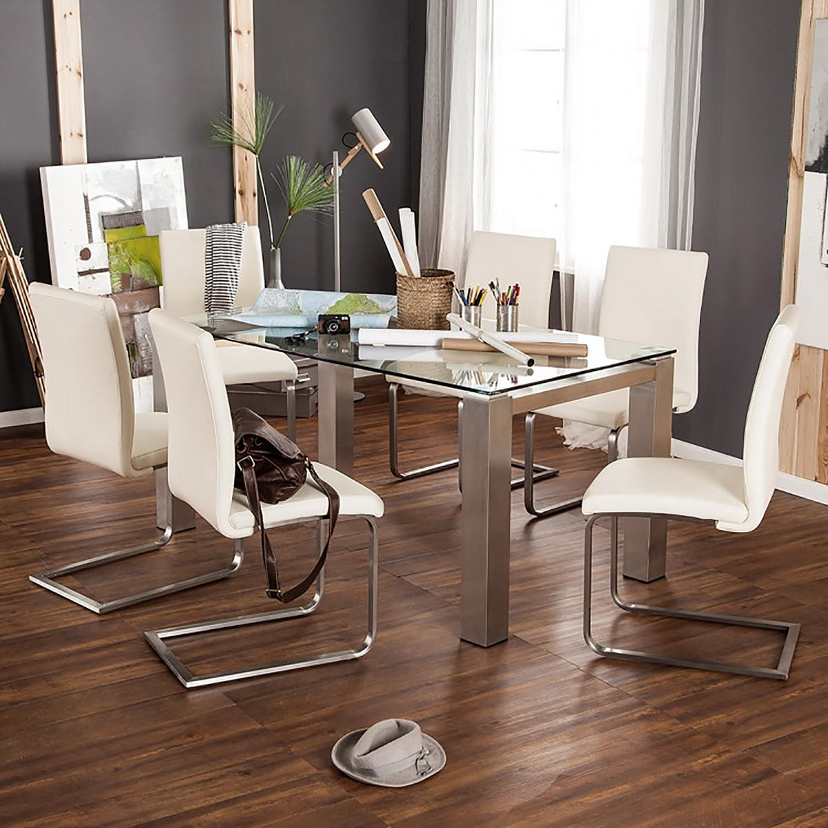 FREISCHWINGER - 2er-Set - Echtleder - Edelstahlfarben/Creme, Leder/Metall (44/98/58cm) - home24