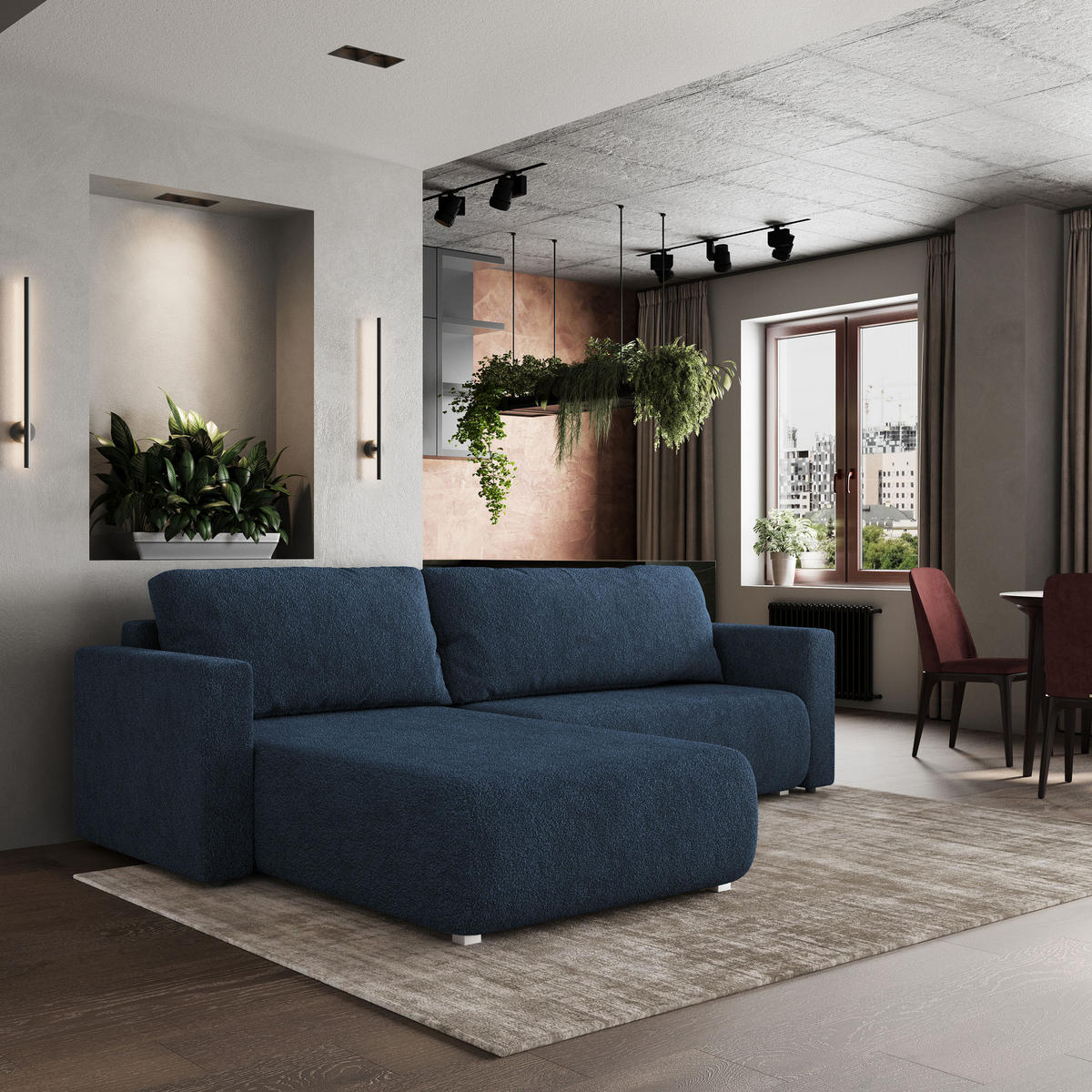 ECKSOFA TURIN N Blau Bucle-Stoff mit Schlaffunktion - Blau/Grau, Holz/Kunststoff (265/183cm) - MASSENO