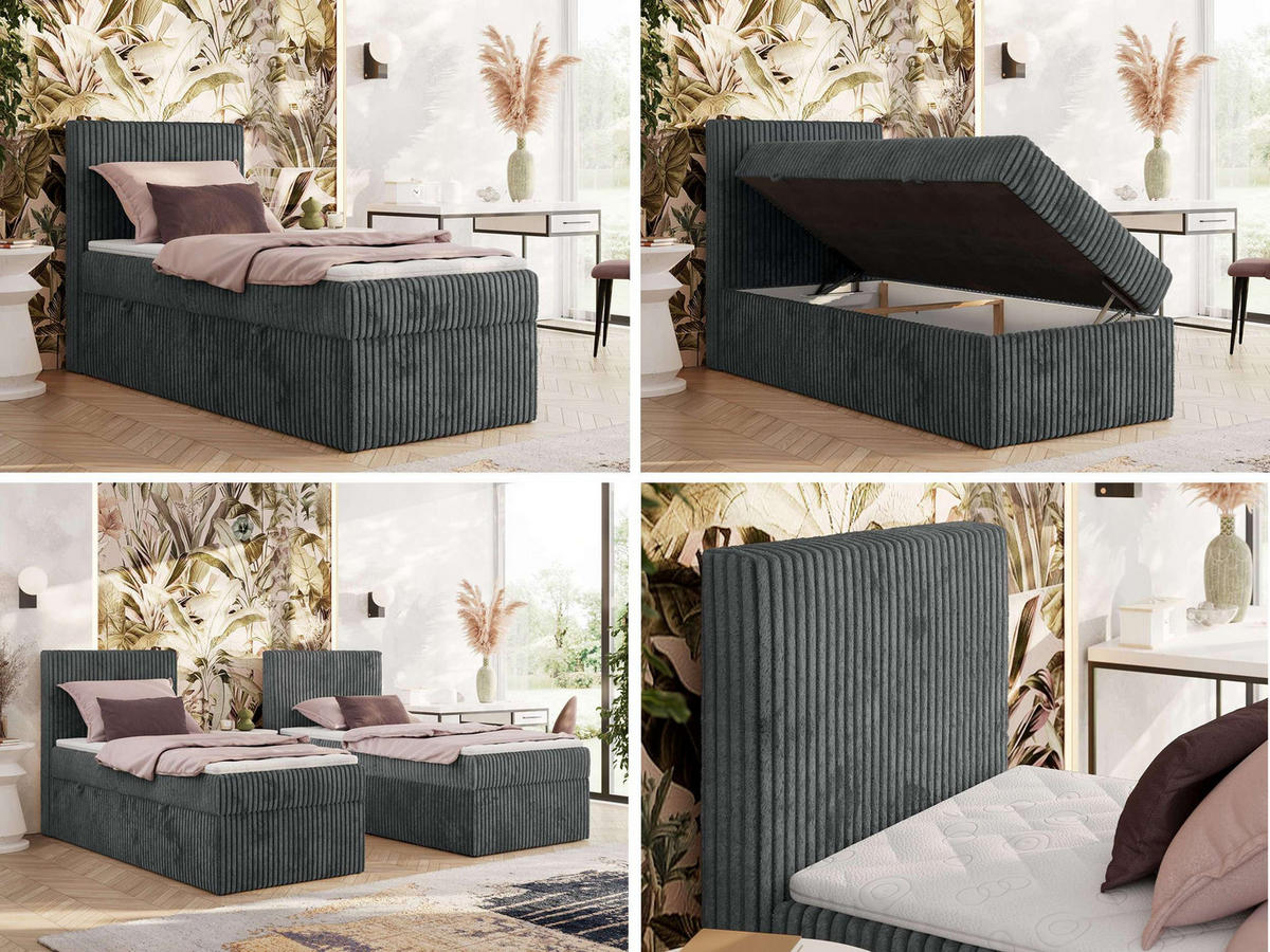 BOXBETT TILIANO 90/200 - Grau Cord - H4 - Links - Grau, Textil (90/200cm) - MKS