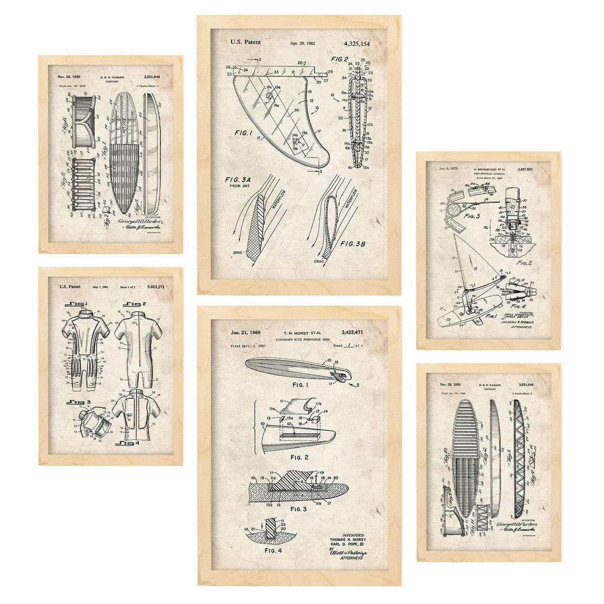POSTER Set Mit 6 Plakaten Mit Surfen Patenten Im Vintage Stil A3 & A4 Rahmen Aus Hellem Holz - Beige, Papier (29/3cm) - Nacnic