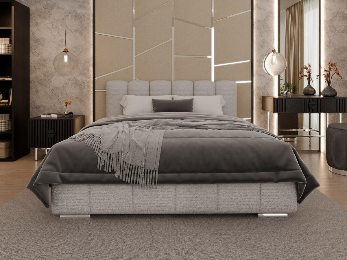 POLSTERBETT ZAIRA 160 x 200 cm mit Bettkasten und Lattenrost, 7-Zonen-Taschenfederkernmatratze CIRA (24 cm) – Dunkelbeige - Sandfarben, Holz (140/206cm) - Panda Möbel