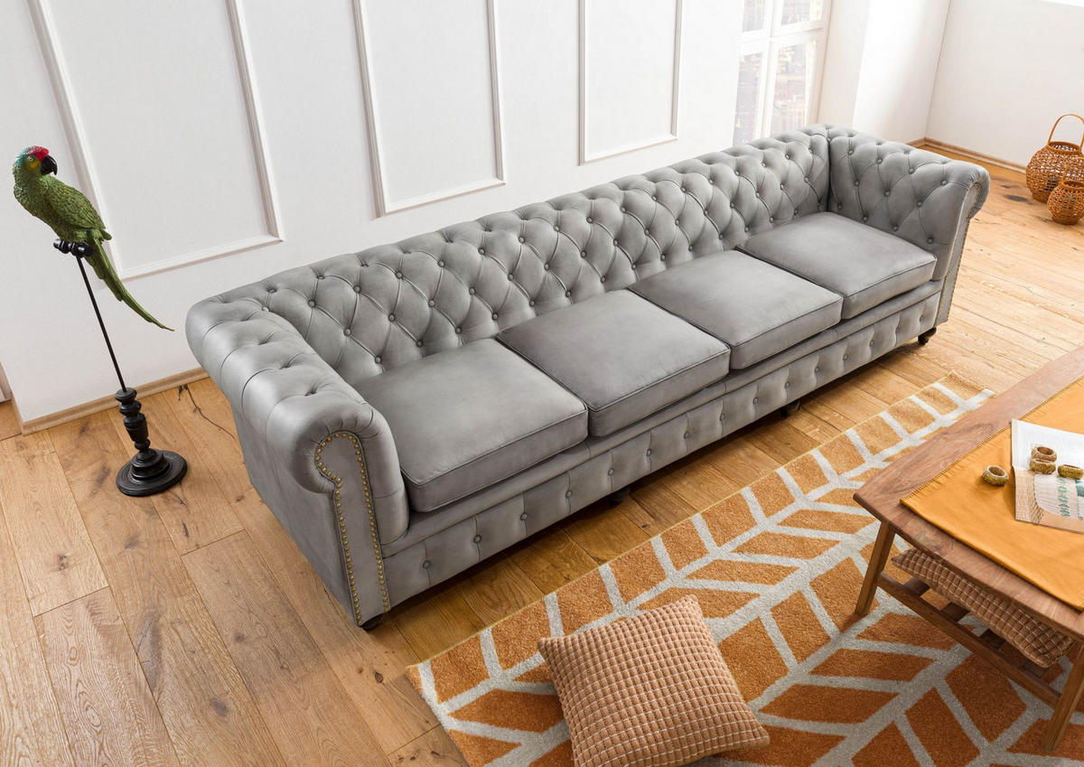 SOFA 4-Sitzer Echtleder 274x82x75 grau CHESTERFIELD #204 - Grau, Leder (274/75/82cm) - Massivmoebel24