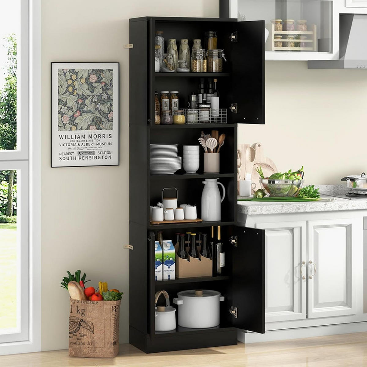 VORRATSSCHRANK mit Türen schwarz - Schwarz, Holzwerkstoff (56/190/30cm) - COSTWAY