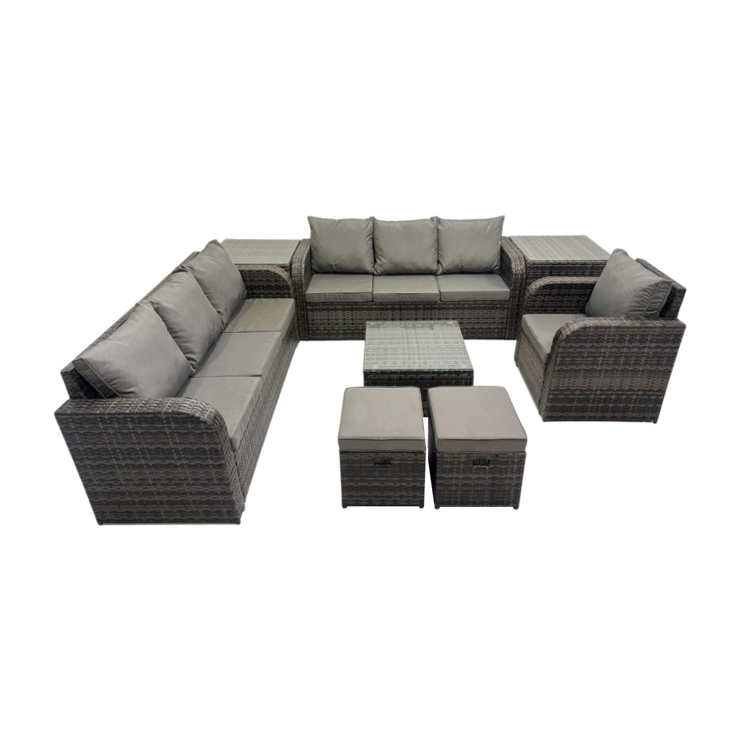 GARTENMÖBEL SET mit 3-SITZER SOFA Polyrattan Dunkelgrau 9-Sitzer - Dunkelgrau/Grau, Glas/Kunststoff - Fimous