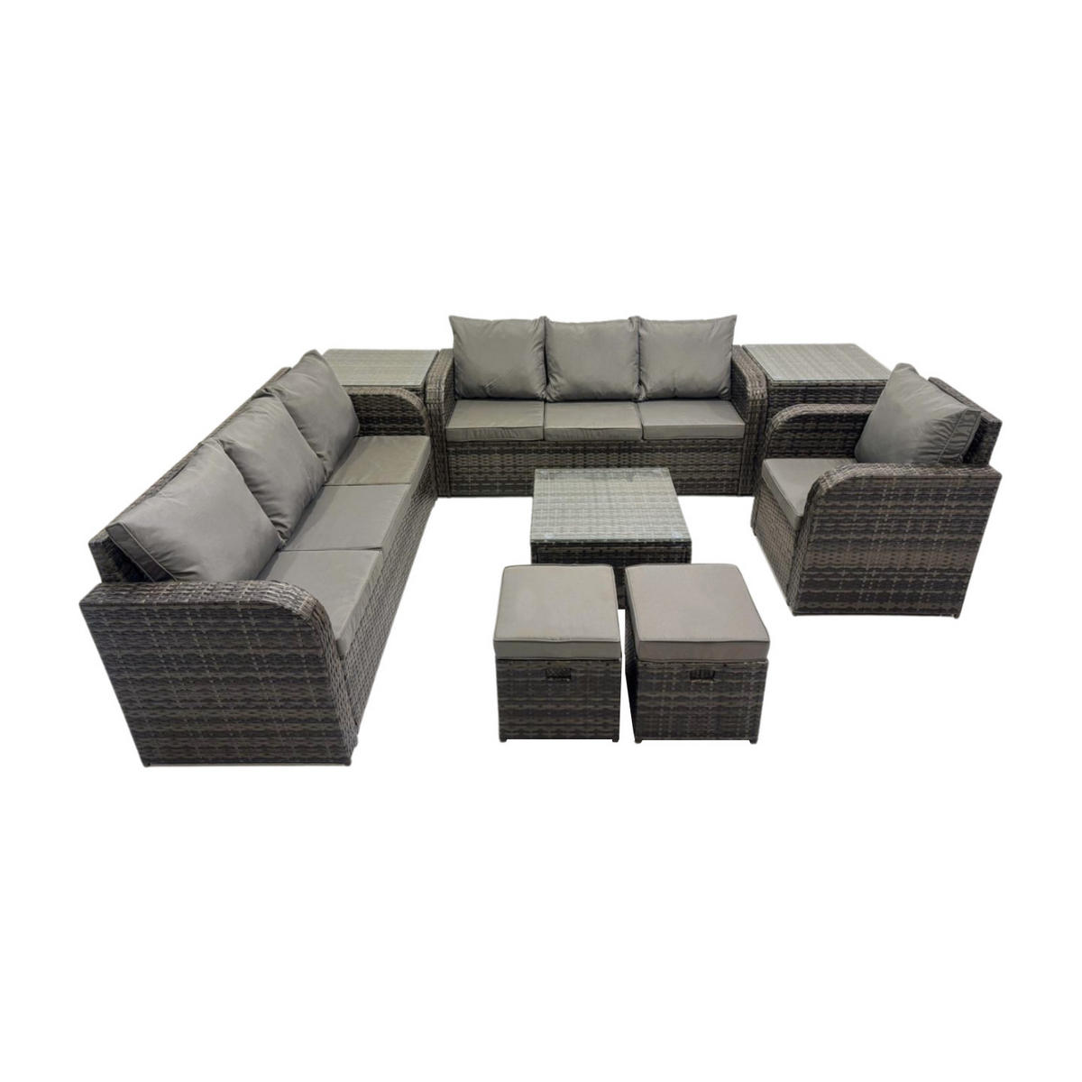 GARTENMÖBEL SET mit 3-SITZER SOFA Polyrattan Dunkelgrau 9-Sitzer - Dunkelgrau/Grau, Glas/Kunststoff - Fimous