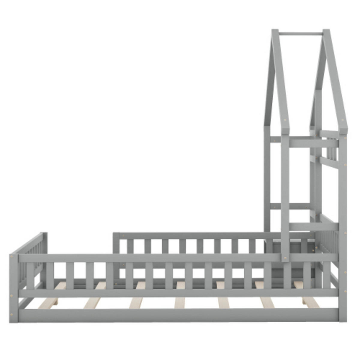 HAUSBETT 140 × 200 cm aus massivem Kiefernholz mit hohem Sicherheitsgeländer und Nachttisch, grau - Grau, Holz - Luhomfu