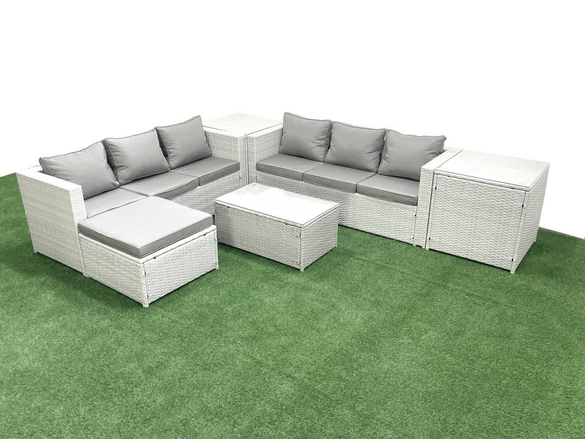 GARTENGARNITUR mit 3-SITZER SOFA,COUCHTISCH Polyrattan Hellgrau-Mix 7-Sitzer - Hellgrau/Grau, Glas/Kunststoff - Fimous