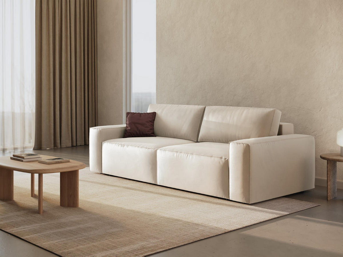 SOFA ausklappbar mit Bettkasten Jodie aus Samt leichtes beige 3 Sitzplätze - Creme, Textil (107/86/247cm) - Micadoni