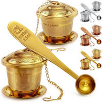 TEESIEB 2er Set mit Teeschaufel und Abtropfschale aus Edelstahl - Goldfarben, Metall (5.3/5.8/11.2cm)