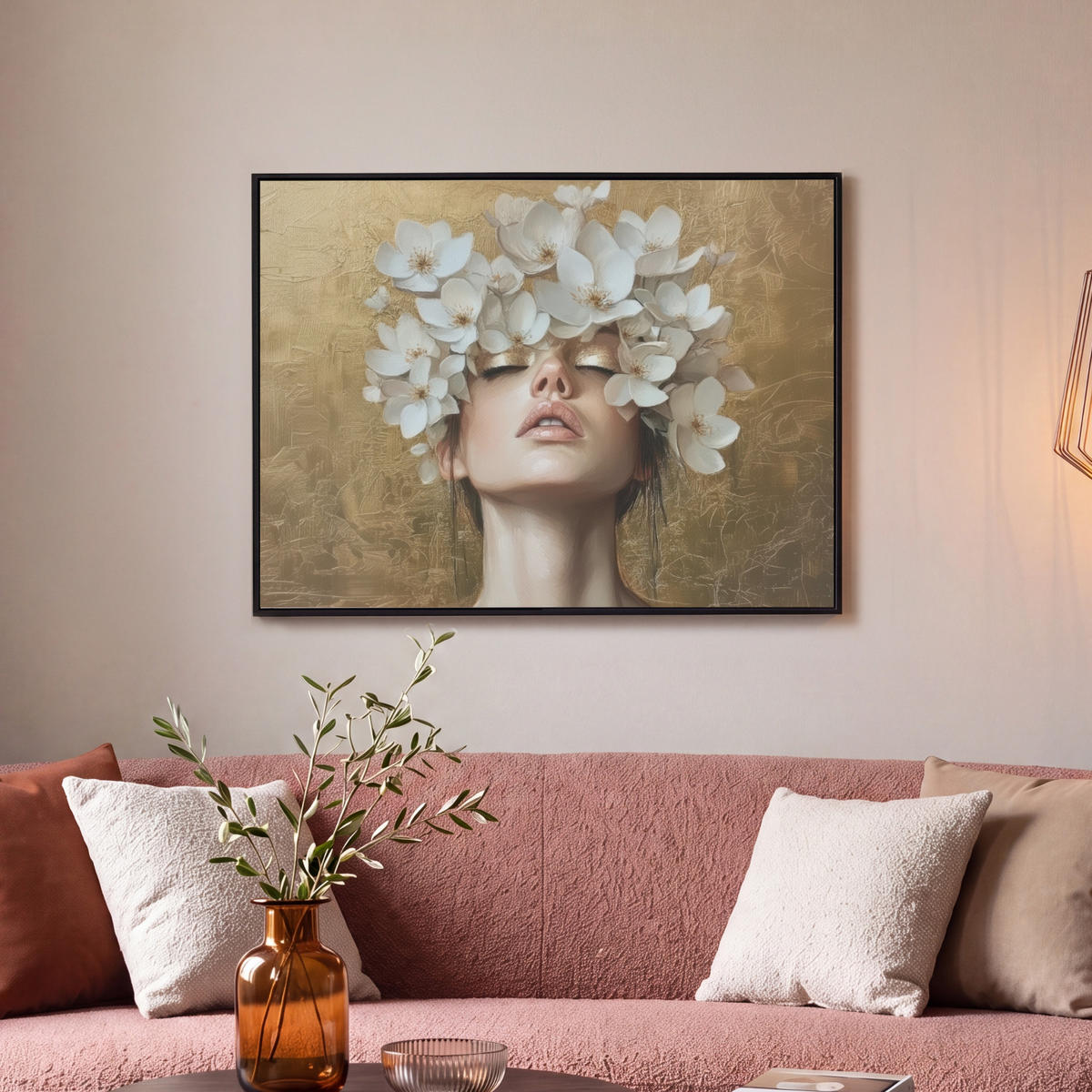 LEINWAND Bilder mit Rahmen - Gesicht - Blumen - Gold - Abstrakt - 70x50 - Goldfarben, Textil (70/50cm) - MuchoWow