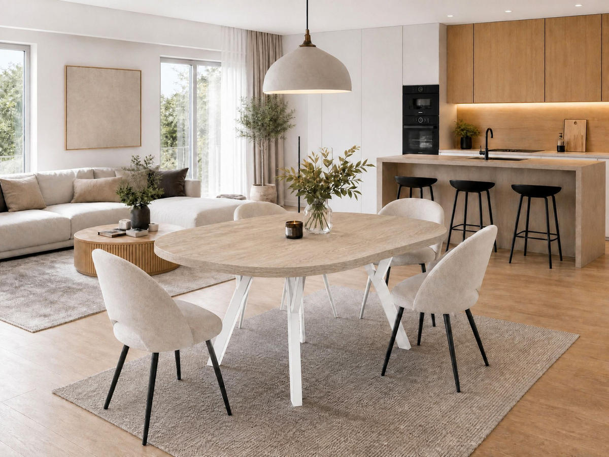 ESSTISCH ausziehbar rund ATO, 80-160 cm, Dekor Sonoma, weiße Holzbeine - Weiß/Sonoma Eiche, Holzwerkstoff/Buchenholz (80/80/77cm) - VENASI MÖBEL