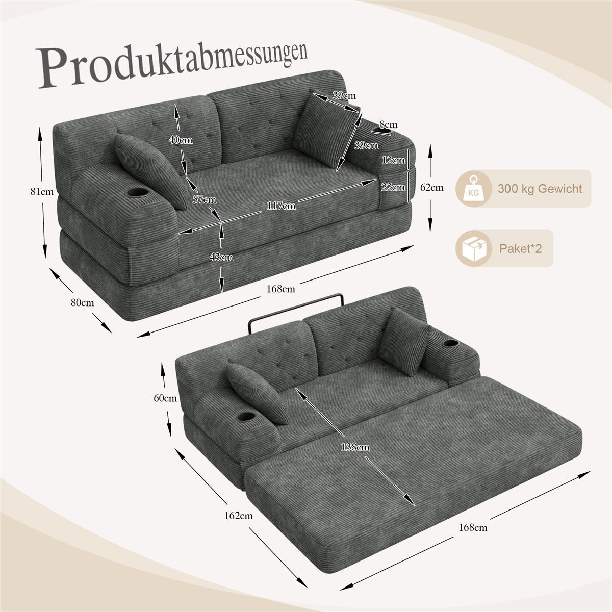 SCHLAFSOFA 2-Sitzer Cord Schlafcouch mit Stauraumtaschen, Grau - Grau, Textil (168/81/80cm) - Kaket