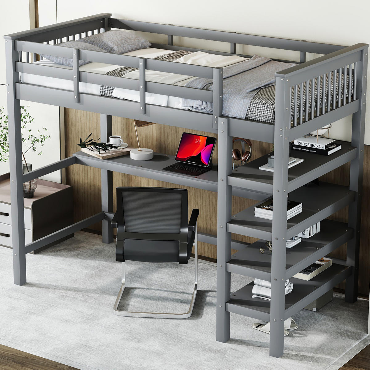 HOCHBETT 90/200 cm Grau mit Schreibtisch und Ablagefächern - Grau, Holzwerkstoff (90/200cm) - Flora Grace