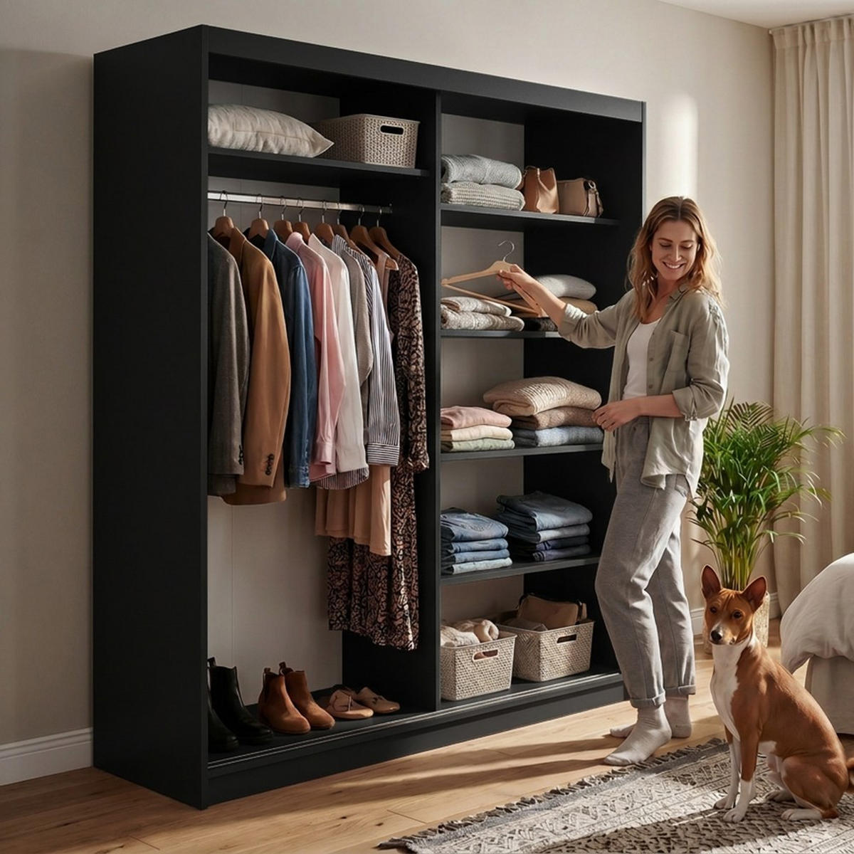 SCHWEBETÜRENSCHRANK Donatello 180/205/60 2-türig schwarz mit Spiegel - Schwarz, Holzwerkstoff (180/205/60cm) - Beautysofa