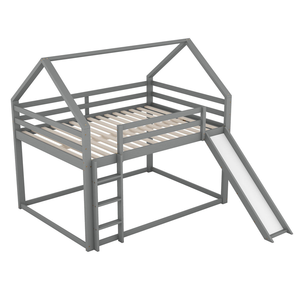 ETAGENBETT aus Kiefer und MDF 140x200 cm Grau mit Rutsche, Leiter und Hausform - Grau, Holzwerkstoff (140/200cm) - Modfu