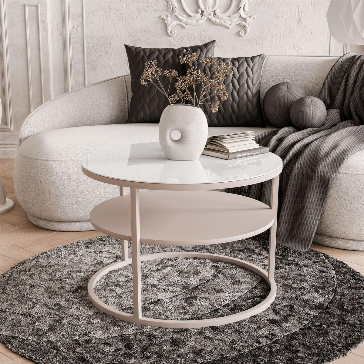 COUCHTISCH CIRI GLASS KASCHMIR mit Ablage Platte aus weißem Glas - Weiß, Glas (70/70/47cm) - Lookway