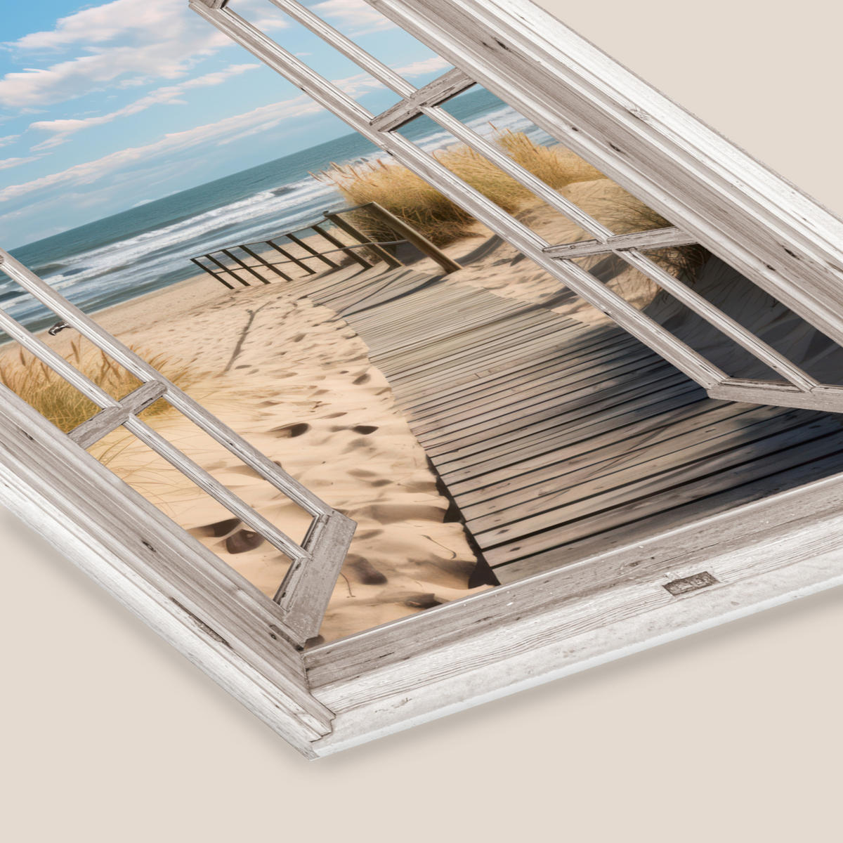 POSTER MIT RAHMENGERAHMTES BILD Fenster - Meer - Küste - Natur - Ausblick - Strand - Wattenmeer Bilderrahmen 30x40 cm - Beige, Papier (30/40cm) - MuchoWow