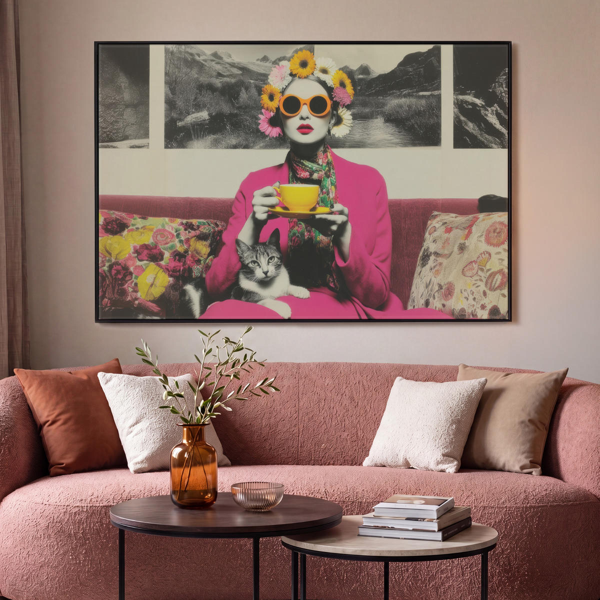 LEINWAND Bilder mit Rahmen - Frau - Katze - Blumen - Tasse - Retro - 150x100 - Magenta, Textil (150/100cm) - MuchoWow