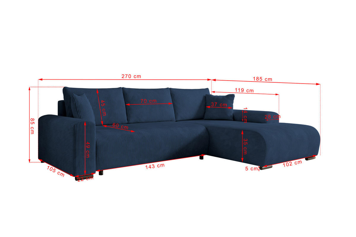 ECKSOFA Nelly mit Bettkasten und Schlaffunktion, Cordstoff in L-Form - Blau, Textil (270/185cm)