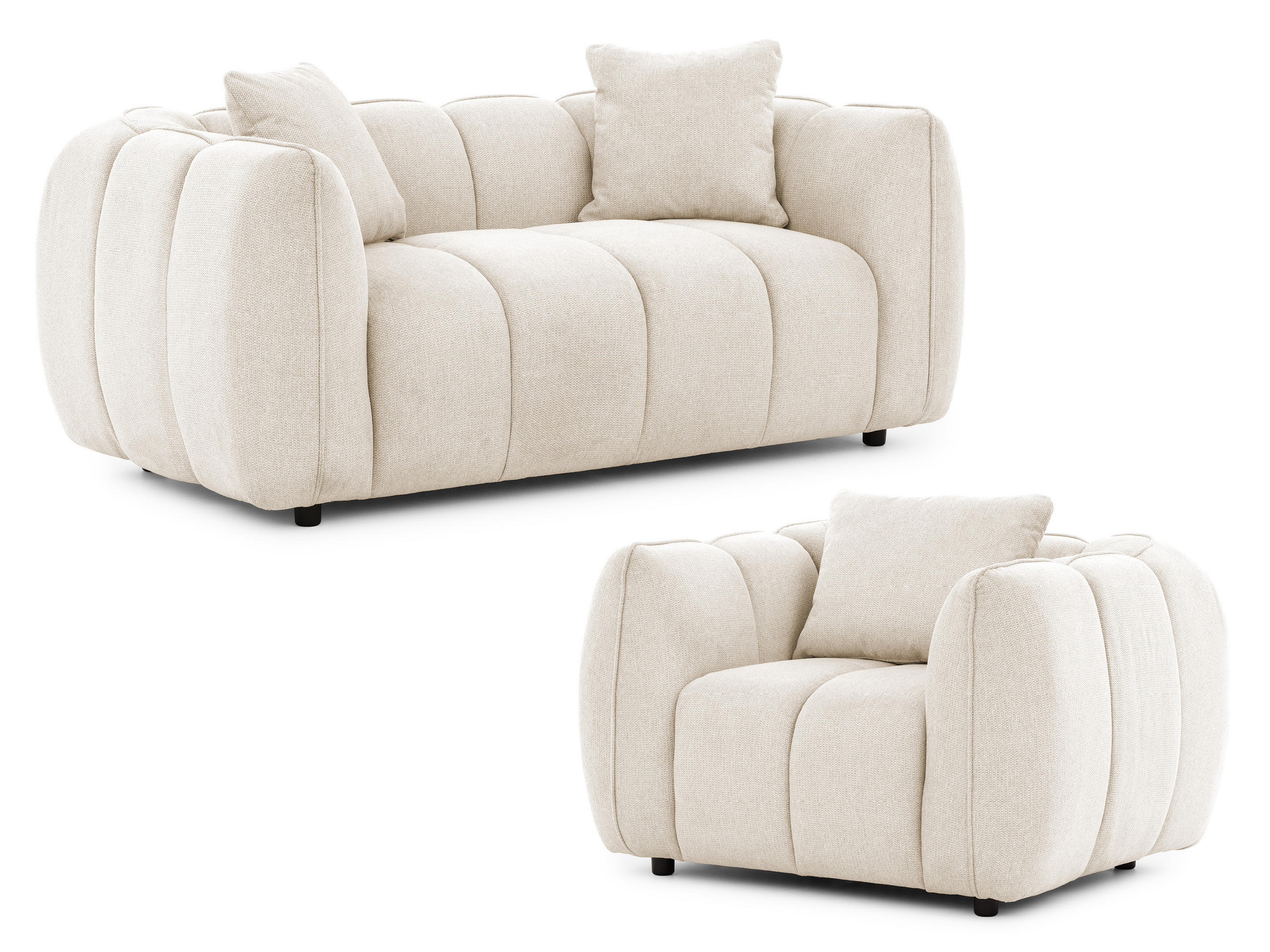 S-Style SEDACÍ SOUPRAVA 2+1 Nubira v hluboce prošívaném designu Bubble z měkké strukturované látky ve světle béžové barvě s moderním vzhledem