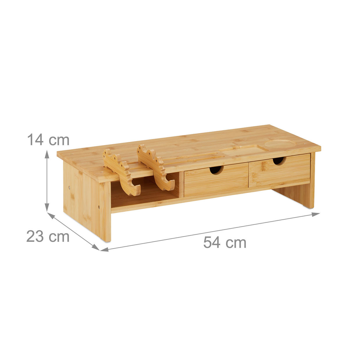 MONITORSTÄNDER Natur Bambus 2 Schubladen Handyhalterung - Hellbraun, Holz/Holzwerkstoff (23/54/14cm) - Relaxdays