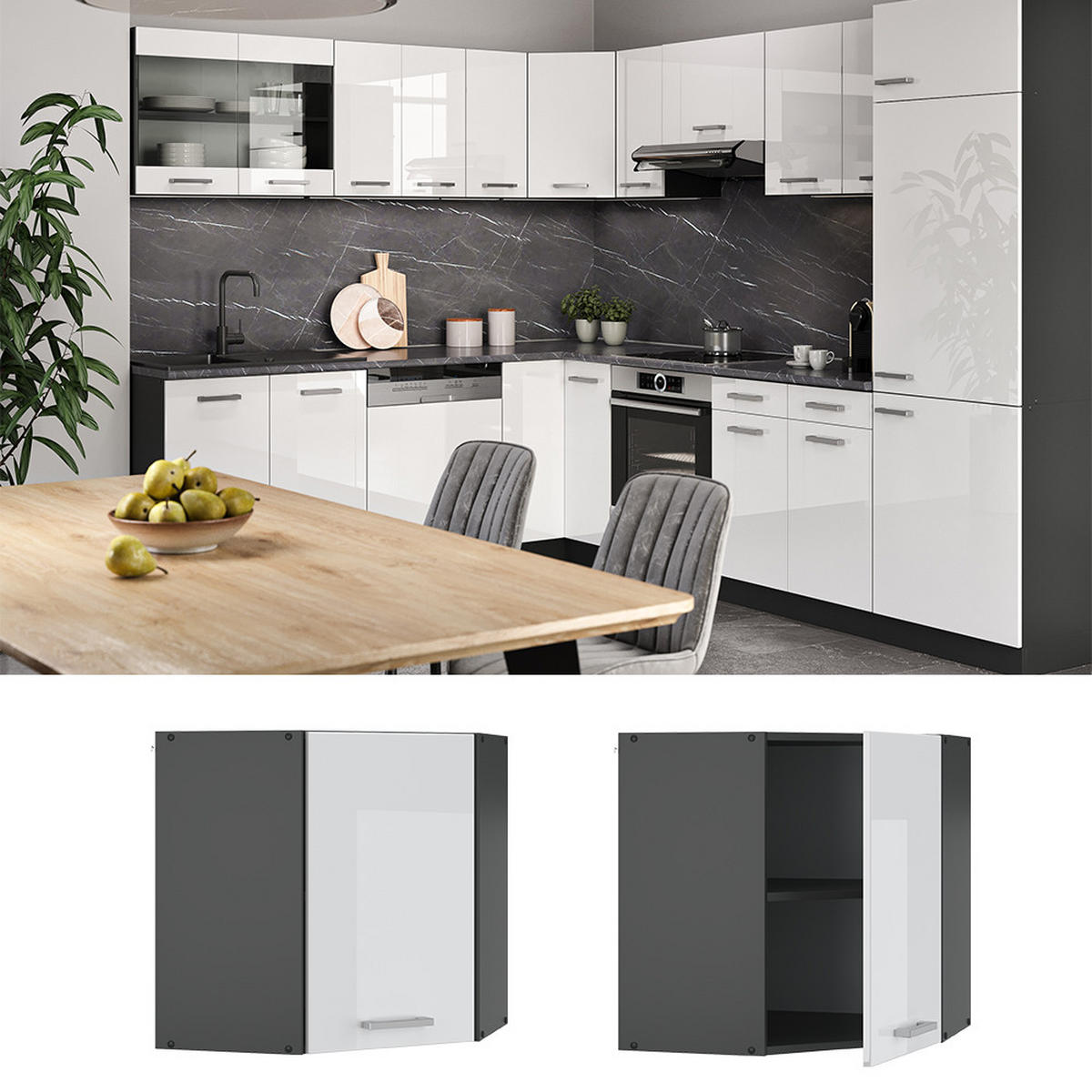ECKHÄNGESCHRANK R-Line Weiß Hochglanz 57 cm - Weiß Hochglanz/Anthrazit, Holzwerkstoff (57/60/34.1cm) - Vicco