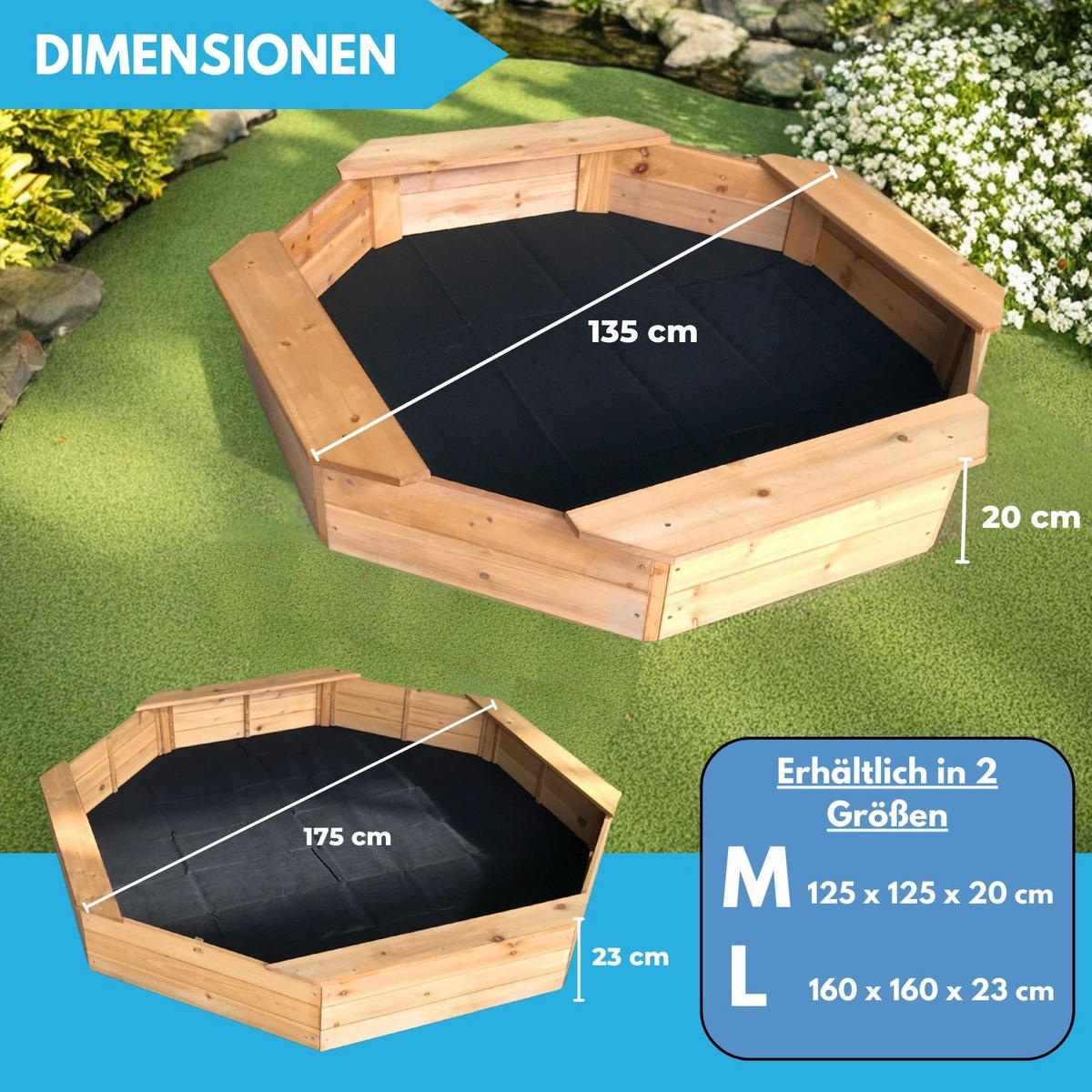 SANDKASTEN LARRY 8-ECK 135/135/20 cm - Naturfarben, Holz (135/135/20cm) - Coemo
