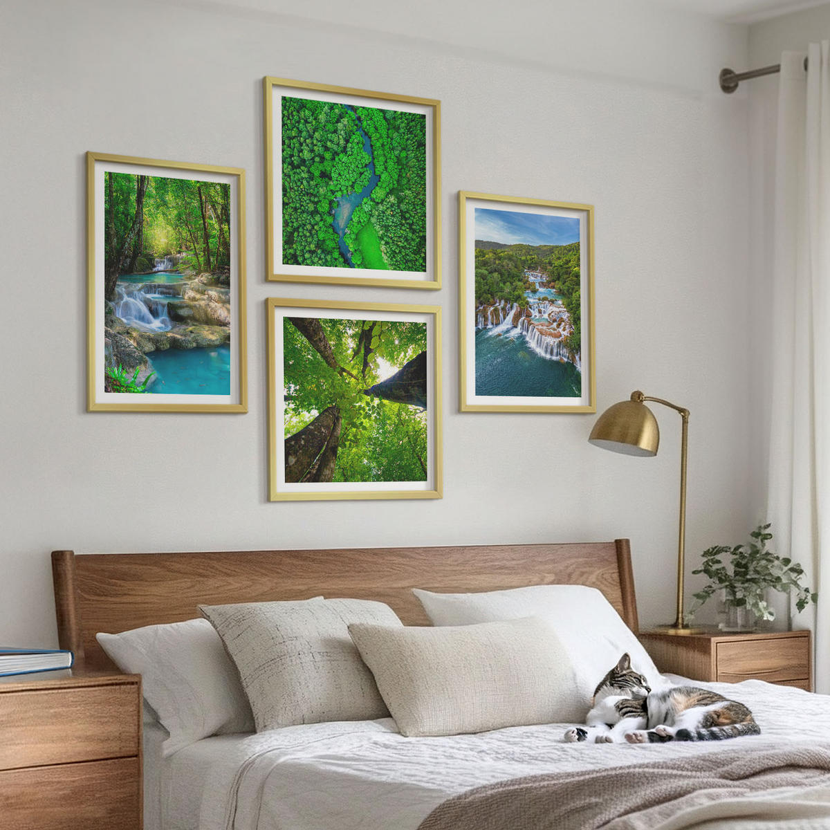BILDER SET 4er Set - 50x50 cm & 40x60 cm Goldrahmen - Wasserfälle grüner Wald Wasser - Goldfarben, Kunststoff (50/50cm) - TULUP