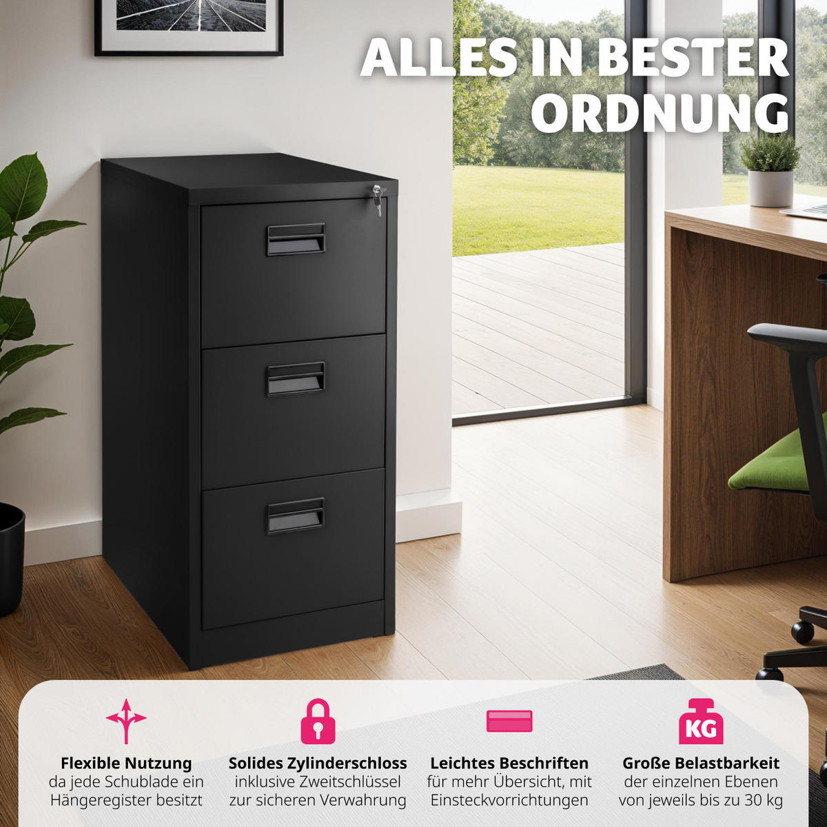 AKTENSCHRANK ,62,4 x 46 x 102,8 cm,schwarz - Schwarz, Metall (46/102.8/62.4cm) - tectake
