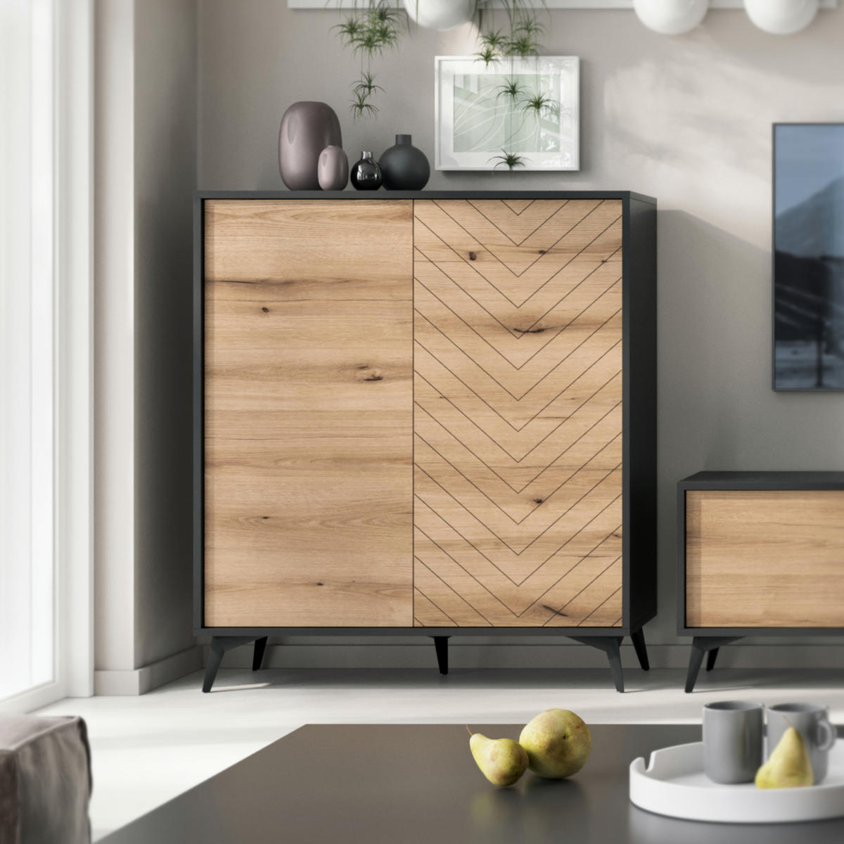 SIDEBOARD Jasper KD104 – Eiche Evoke, Schwarz - Eichefarben/Schwarz, Glas/Holzwerkstoff (104/119/39cm) - Komodee