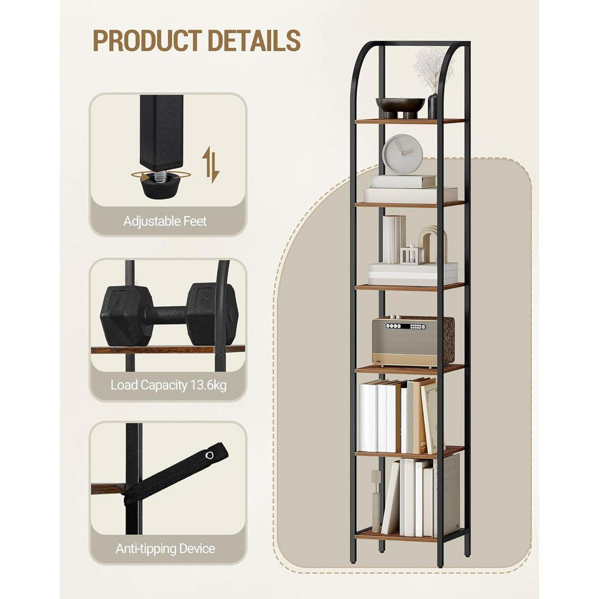 BÜCHERREGAL 6 Ebenen 30 x 33,6 x 182,5 cm Braun-Schwarz - Braun, Metall (33.6/182.5/30cm)