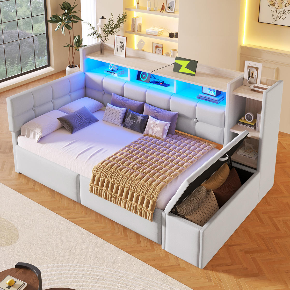 TAGEBETT 90x190cm Weiß Samt 2 Schubladen USB LED-Licht - Weiß, Holz (90/190cm) - FLIEKS