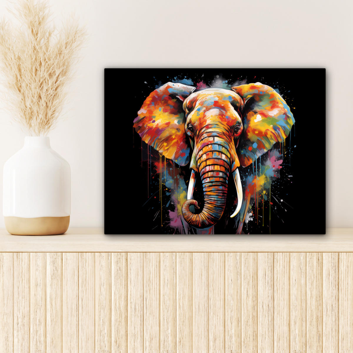 LEINWANDBILD Elefant - Graffiti - Schwarz - Tiere - Farben 40x30 cm - Schwarz, Textil (40/30cm) - MuchoWow
