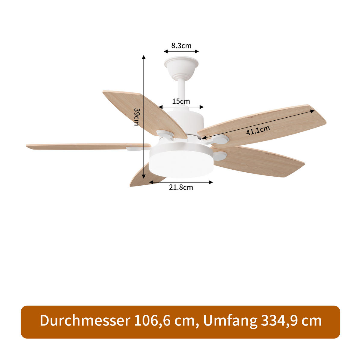 DECKENVENTILATOR mit LED-Licht, 106,6 cm, 5 Holzflügel, 6 Stufen & Timer - Naturfarben, Metall (106.6/106.6/39cm) - EuroLiving