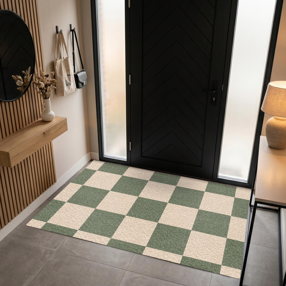 FUSSMATTE Schachbrettmuster - Grün - Beige - Blöcke Flurteppich 180x120 cm - Olivgrün, Kunststoff (180/120cm) - MuchoWow