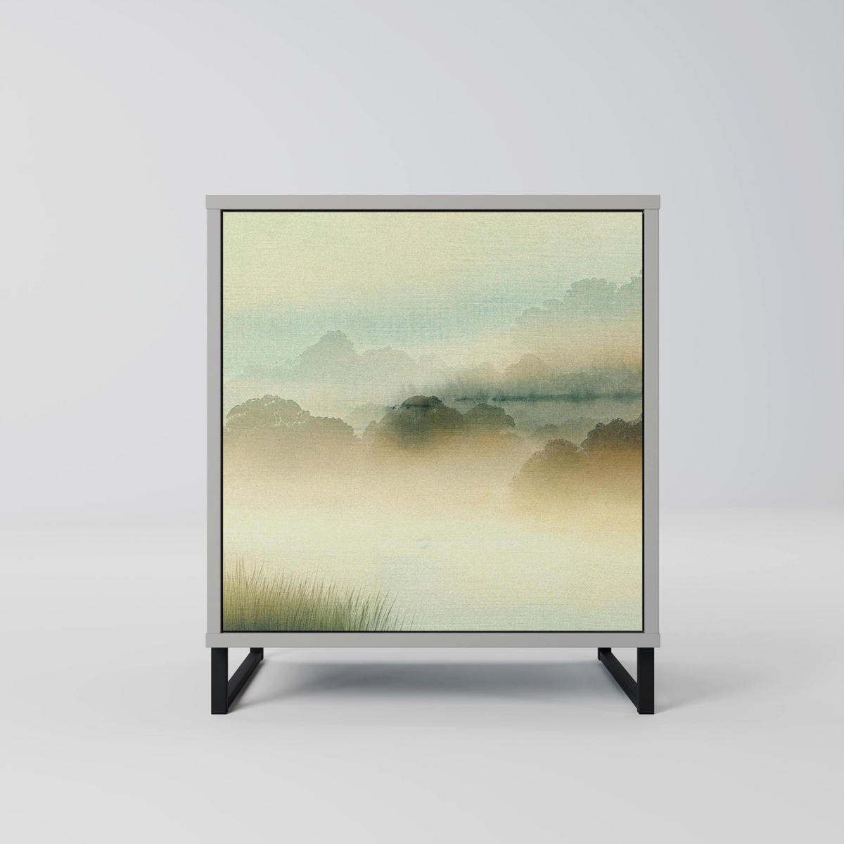 SIDEBOARD MORNING BY THE LAKE, Grau, 57,5x42x75,5 cm, Goldfarbene Metallfüße - Goldfarben/Multicolor, Holzwerkstoff/Metall (57.5/75.5/42cm) - SpaceRebels