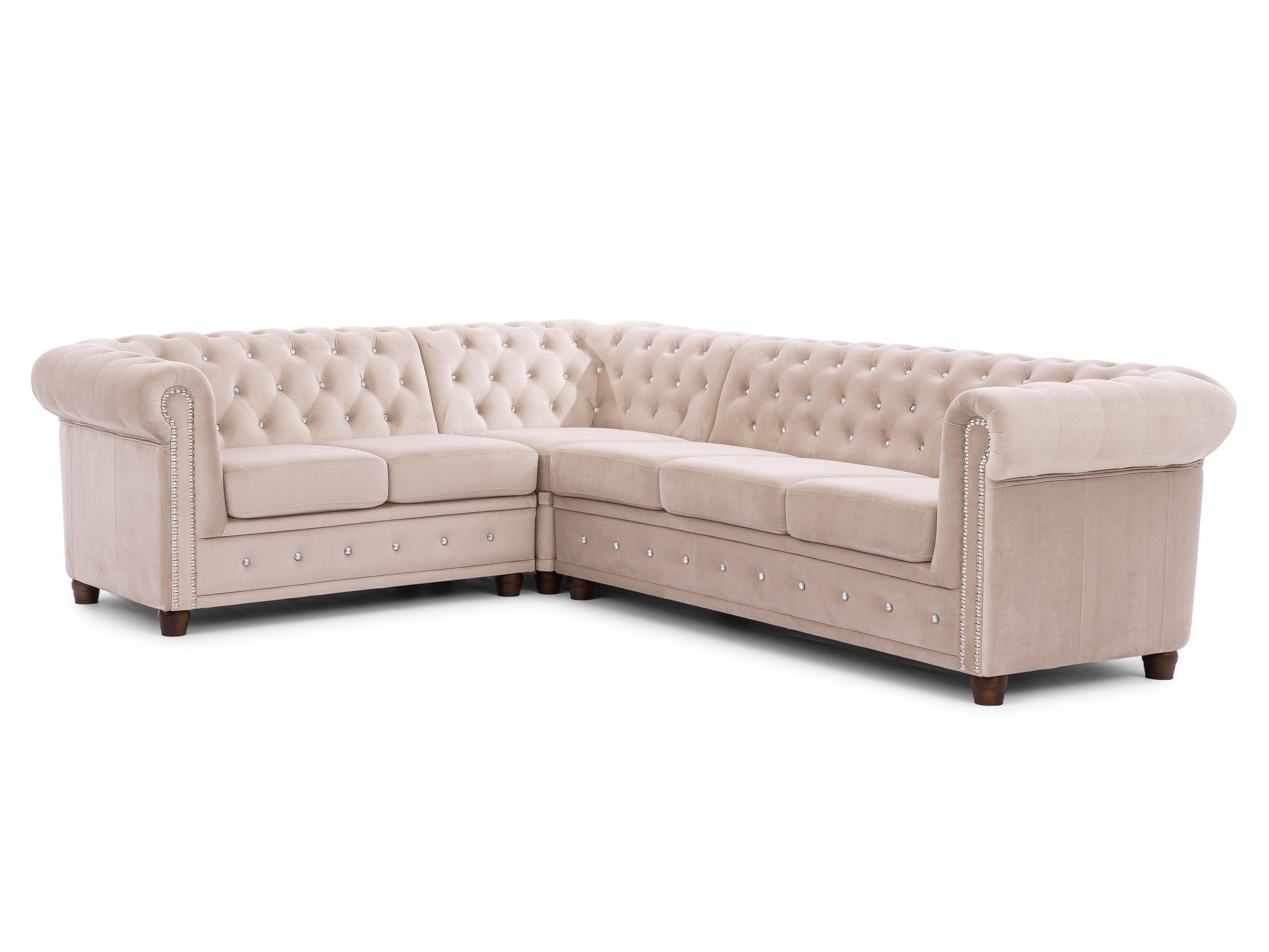 ECKSOFA Chesterfield Cleo Blink Beige Samt mit Kristallsteppung und braunen Massivholzfüßen - Ottomane Links - Beige/Braun, Holz/Textil (264/210cm) - S-Style Möbel