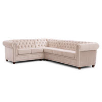 ECKSOFA Chesterfield Cleo Blink Beige Samt mit Kristallsteppung und braunen Massivholzfüßen - Ottomane Links - Beige/Braun, Holz/Textil (264/210cm) - S-Style Möbel