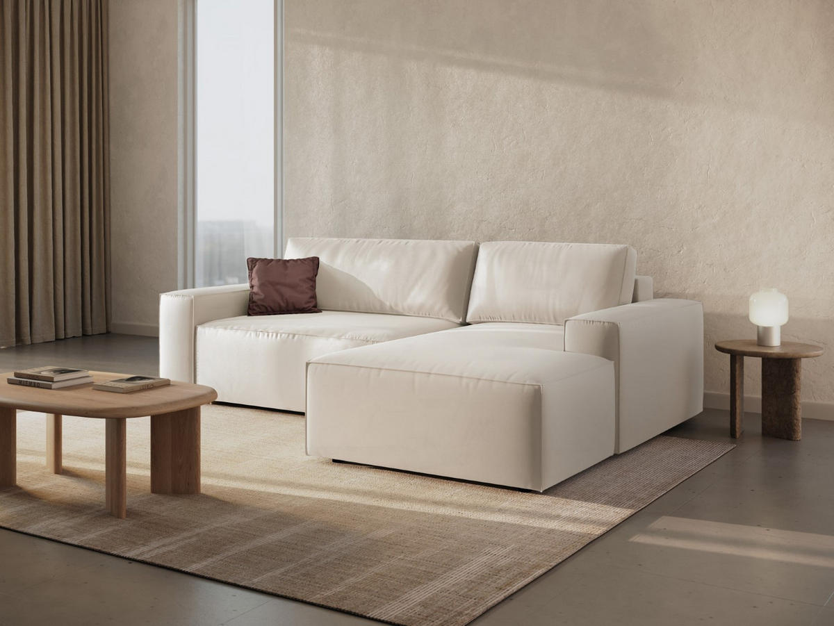 ECKSOFA ausklappbar rechts mit Container Jodie aus Samt leichtes beige 3 Sitzplätze - Creme, Textil (151/246cm) - Micadoni