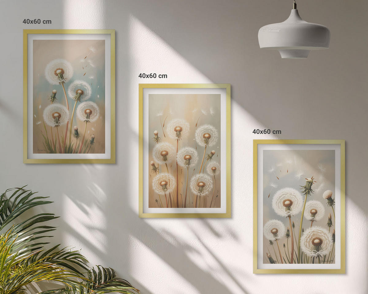 BILDER SET 3er Set - 40x60 cm Goldrahmen - Pastellfarbene Löwenzahnblüten - Goldfarben, Kunststoff (40/60cm) - TULUP