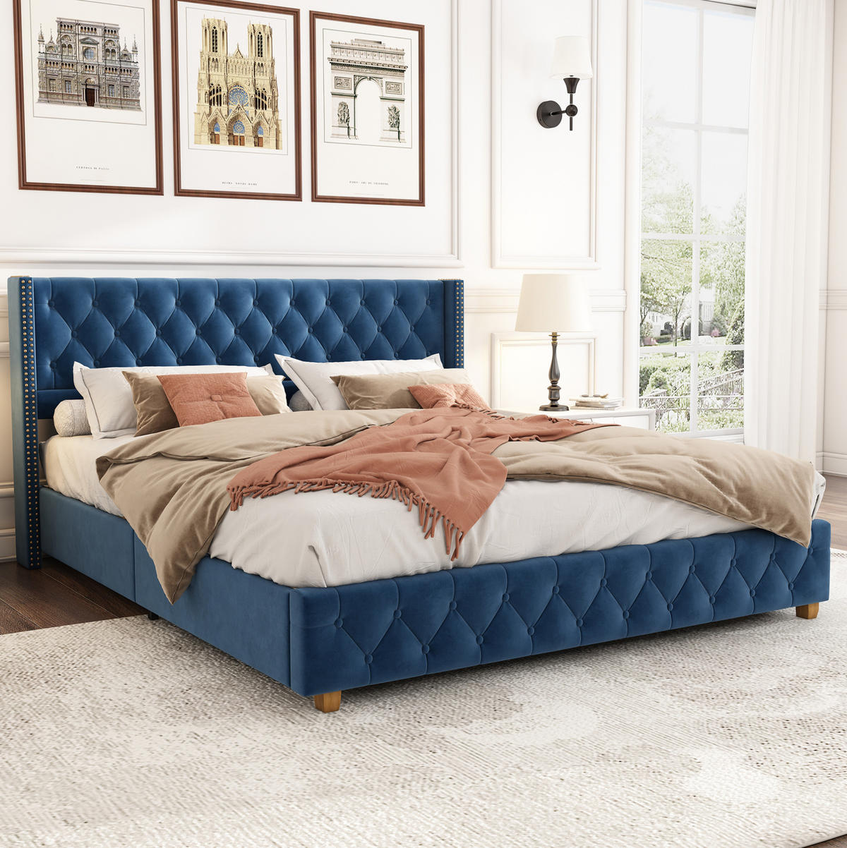 POLSTERBETT 160/200 cm mit Lattenrost, Knopfheftung & Nieten, Samtbezug in Blau - Blau, Textil (160/200cm) - Redom