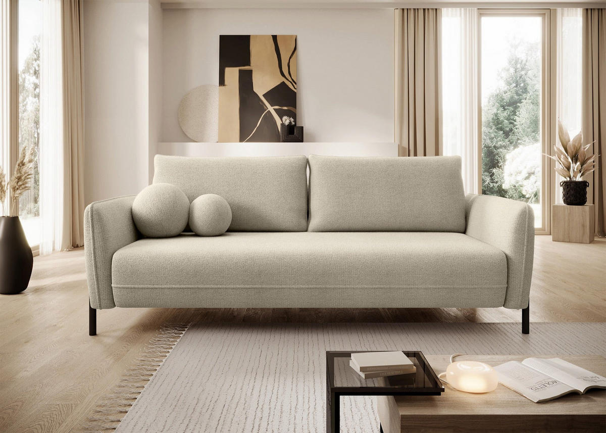SOFA Veruco Hellbeige mit Schlaffunktion - Ecru/Schwarz, Textil/Metall (234/90/100cm) - Selsey