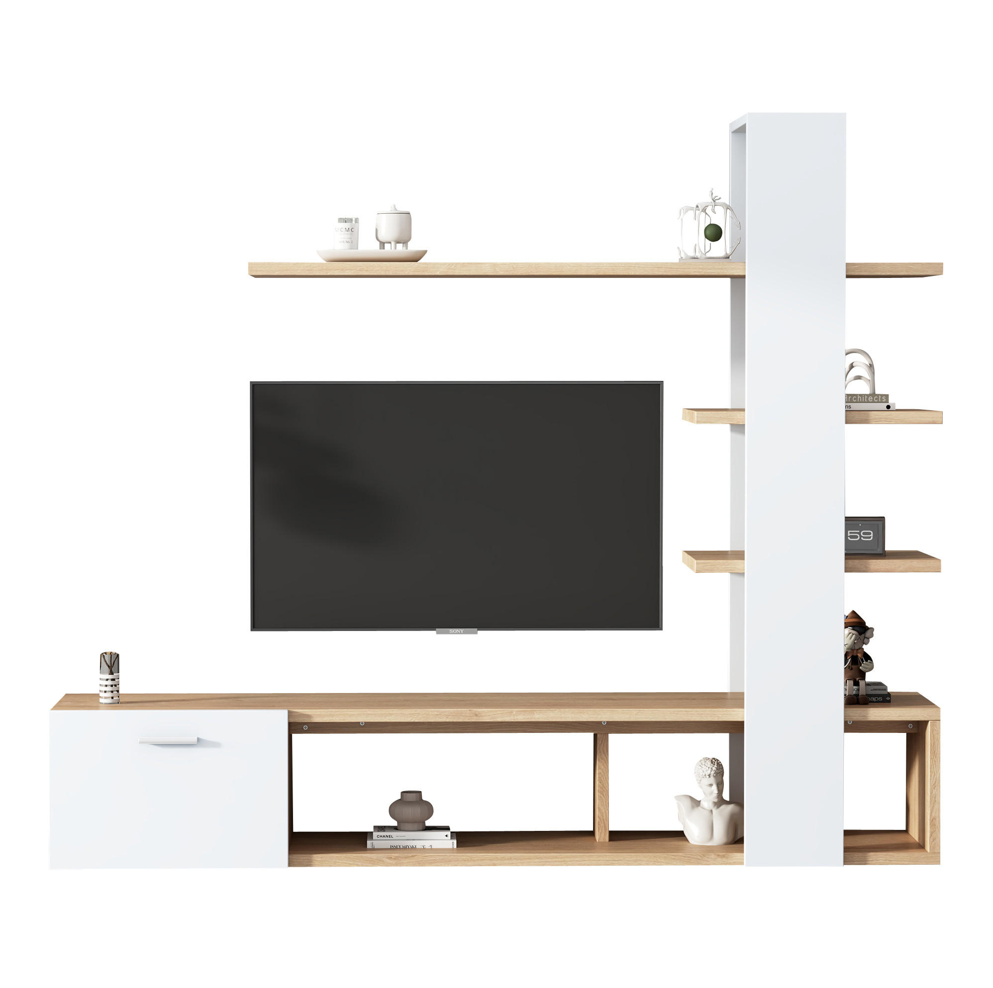 TV-WOHNWAND 180/33,5/151,5 cm aus Spanplatte mit 5 offenen Fächern Weiß/Eichefarben - Weiß, Holzwerkstoff (180/151.5/33.5cm) - Modenvie